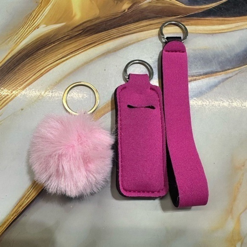 NEW keychain set lip balm holder & wristlet (5 inches) & pom pom